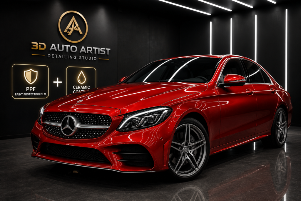 Red luxury car protected with PPF and ceramic coating at Auto Artist