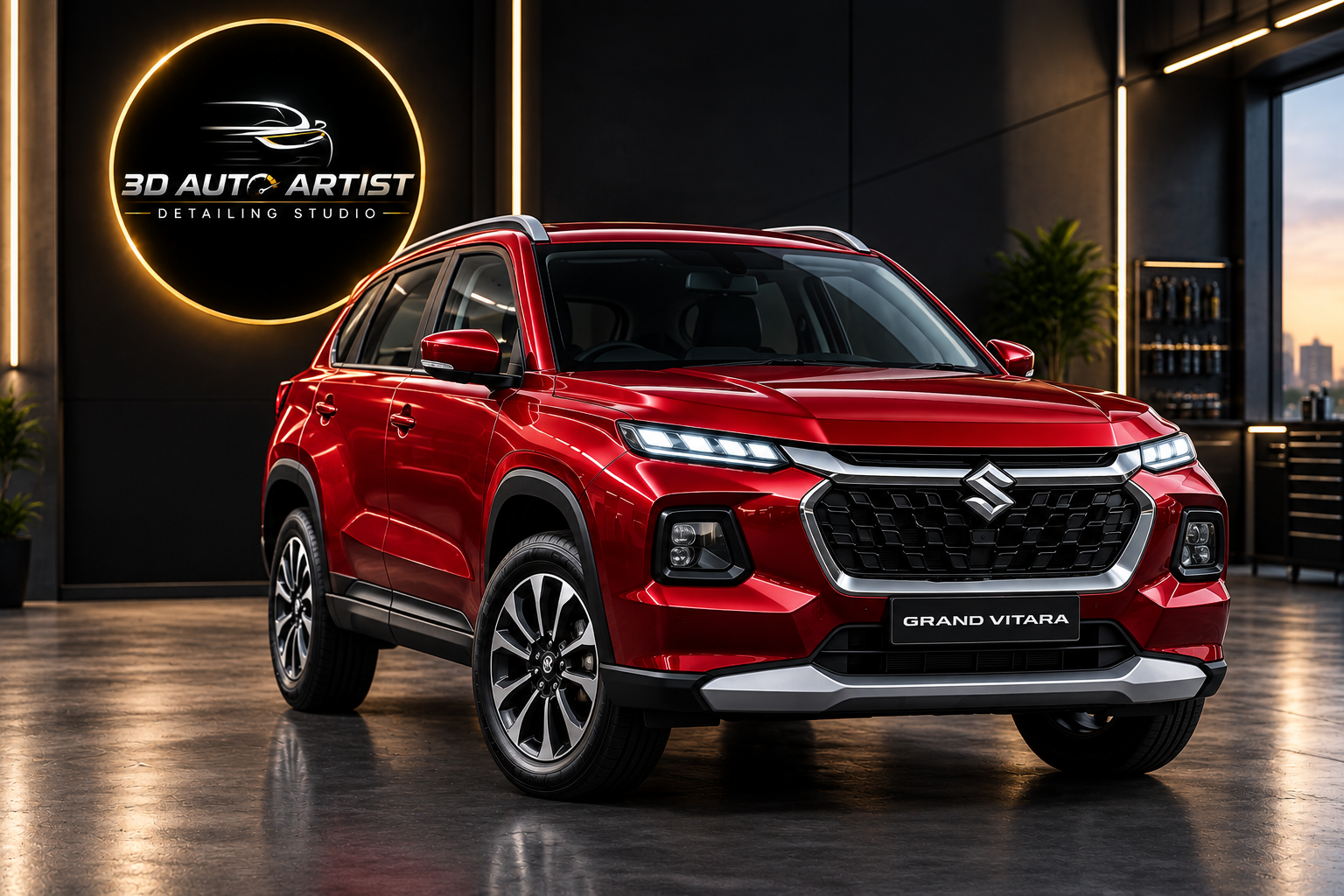Red Maruti Suzuki Grand Vitara in a premium detailing studio