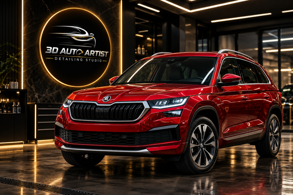 Red Skoda Kodiaq with premium paint protection film at 3D Auto Artist Detailing Studio