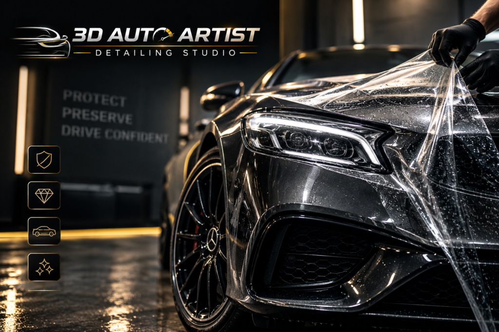 Luxury black car receiving professional Paint Protection Film installation at 3D Auto Artist Detailing Studio