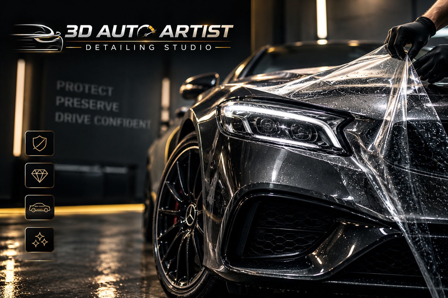 Luxury black car receiving professional Paint Protection Film installation at 3D Auto Artist Detailing Studio