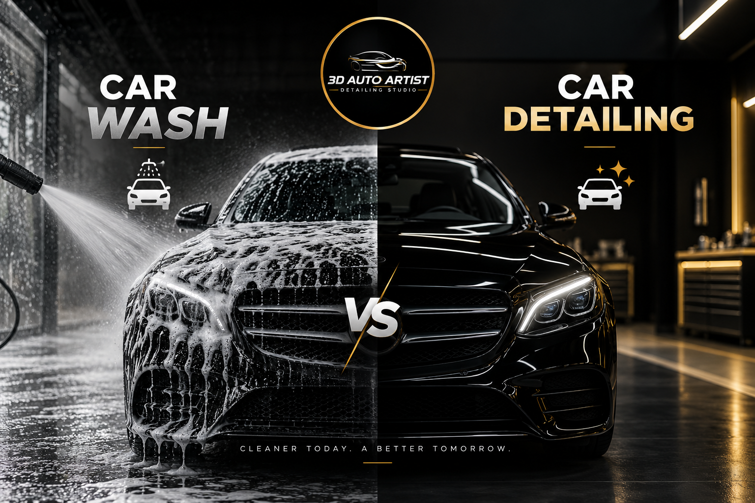 Car detailing vs car wash comparison showing professional car cleaning at 3D Auto Artist