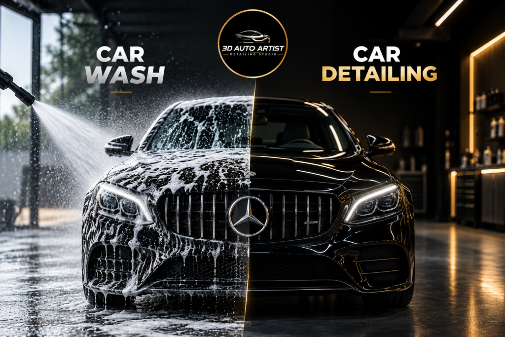 Car detailing vs car wash comparison showing professional car cleaning at 3D Auto Artist